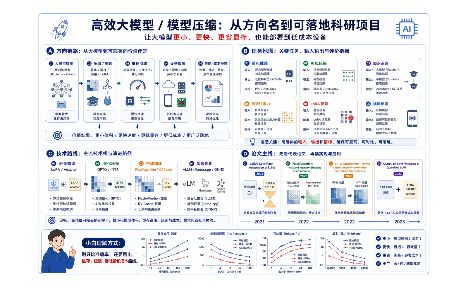 高效大模型 / 模型压缩：让模型更小、更快、更便宜 完整链路图